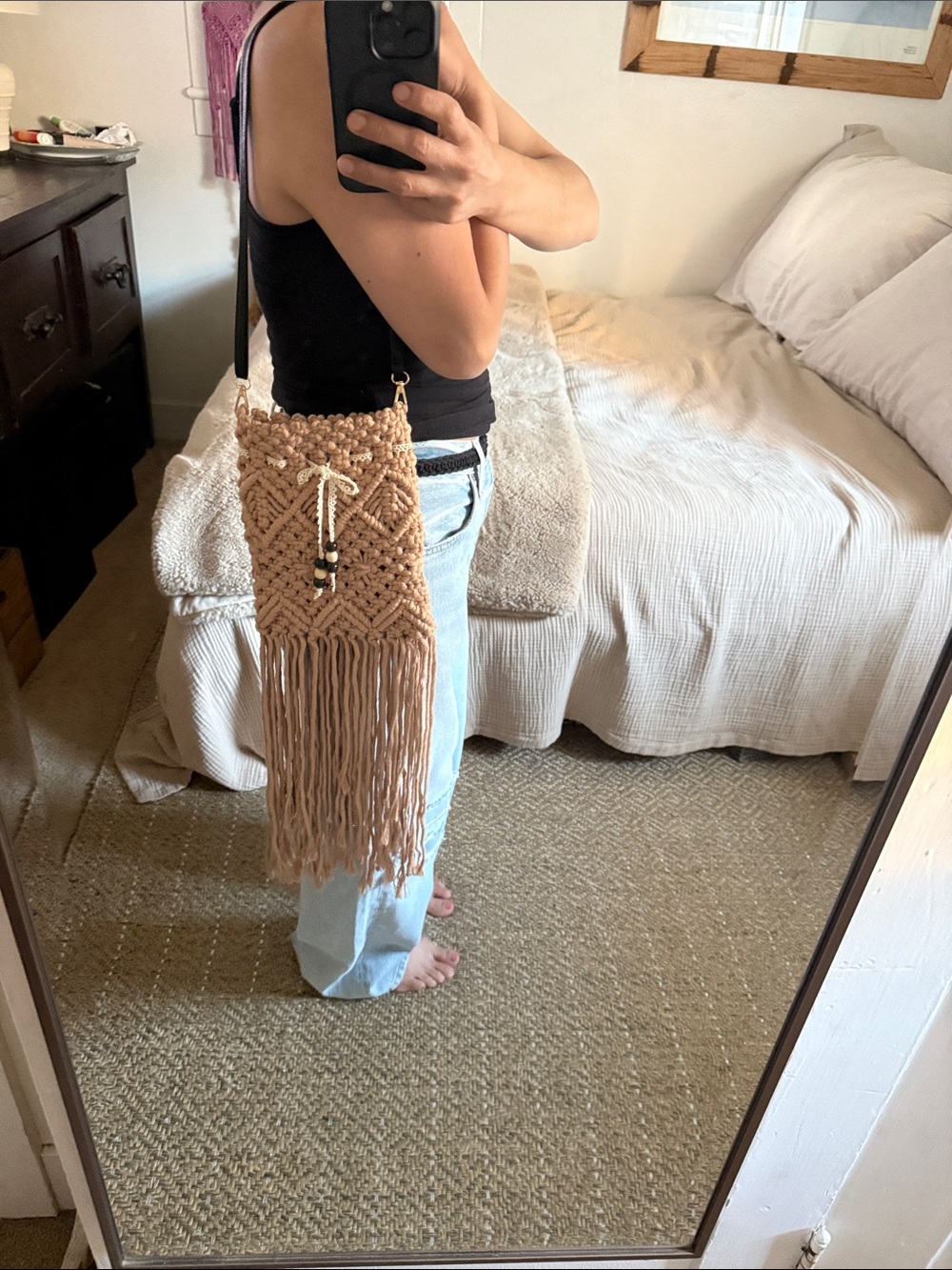 Boho Handwoven Macramé Crossbody Bag - Tan - Picture 10 of 15